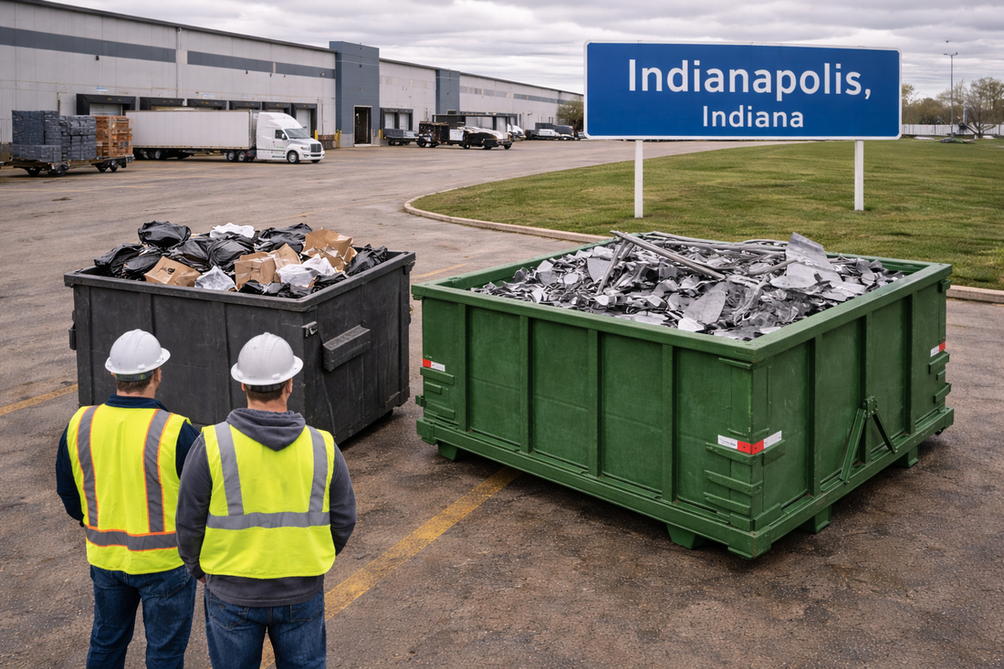 Indianapolis Indiana commercial property with visible Indianapolis sign and recycling dumpster for businesses searching commercial recycling near me