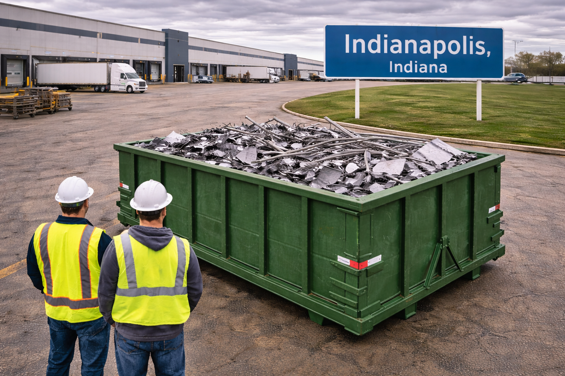 Indianapolis Indiana industrial area with visible Indianapolis sign and metal recycling dumpster for businesses searching recycling containers near me