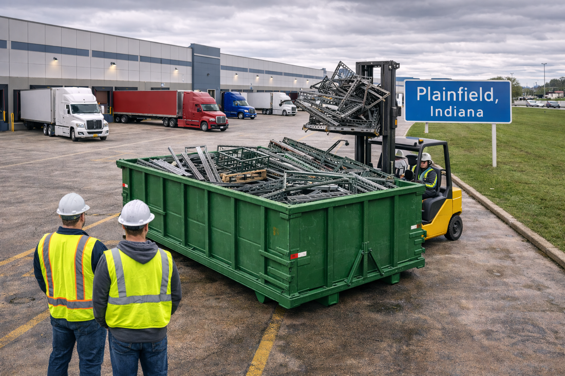 Plainfield Indiana distribution center with visible Plainfield Indiana sign and green metal recycling roll off dumpster filled with steel racks serving Hendricks County warehouses