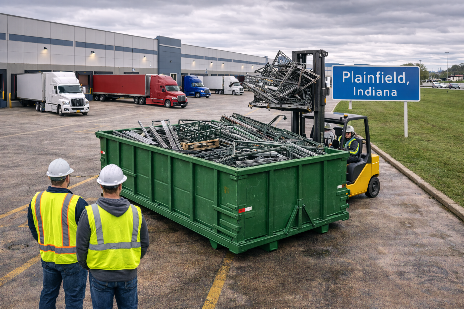 Plainfield Indiana distribution center with visible Plainfield Indiana sign and green metal recycling roll off dumpster filled with steel racks serving Hendricks County warehouses