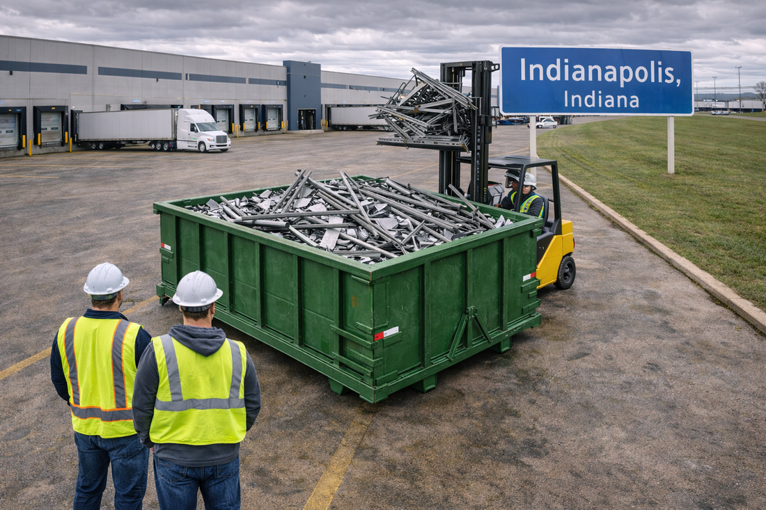 Central Indiana industrial facility with visible Central Indiana sign and green metal recycling dumpster for businesses searching near me