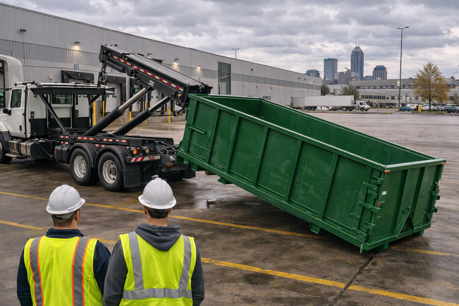 delivery of green metal recycling roll off dumpster at Indianapolis commercial facility