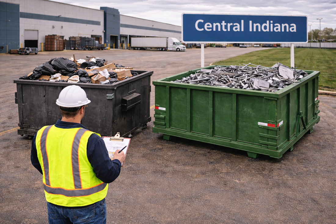 Central Indiana industrial facility with visible Central Indiana sign and manager comparing trash dumpster and metal recycling dumpster options