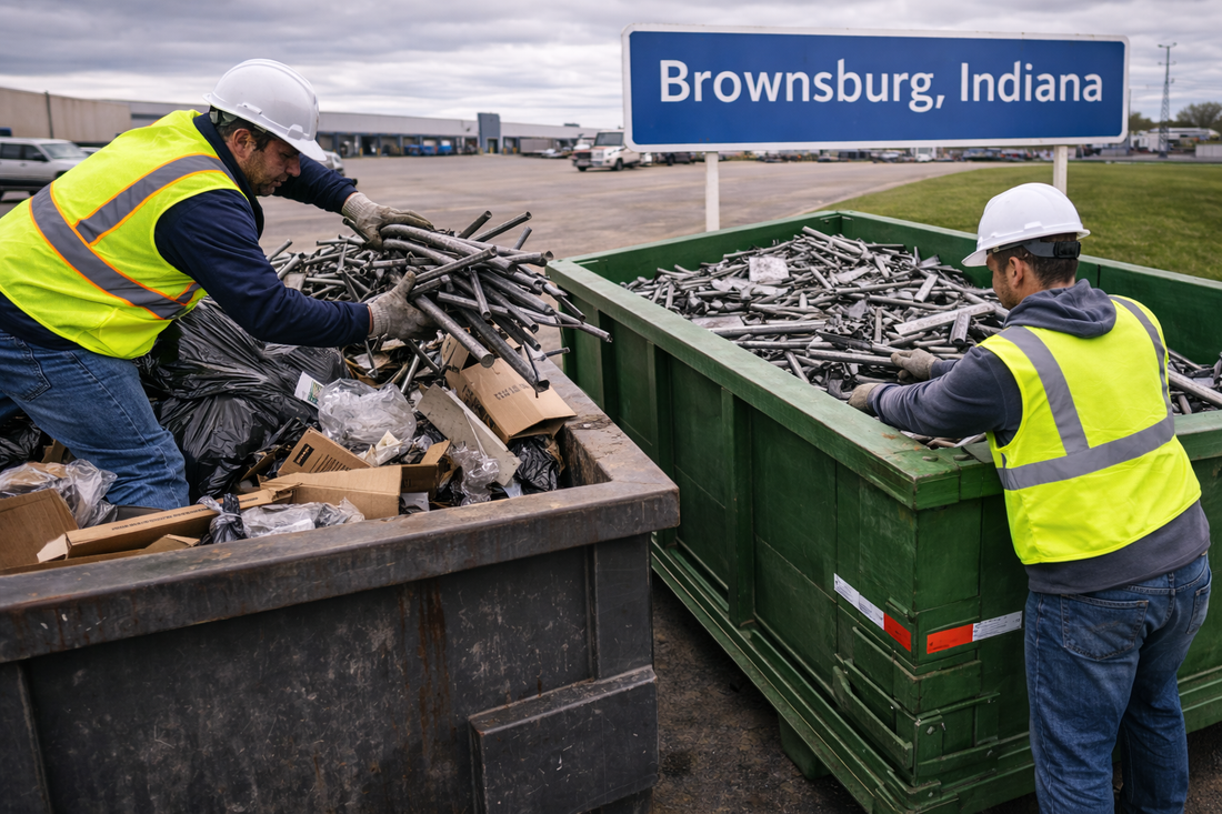 Brownsburg Indiana job site with visible Brownsburg sign showing workers moving metal from overloaded trash dumpster into recycling dumpster