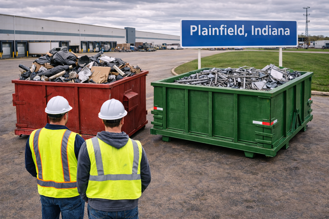 Avon Indiana industrial facility with visible Avon sign and close up of metal filled recycling dumpster showing heavy material weight