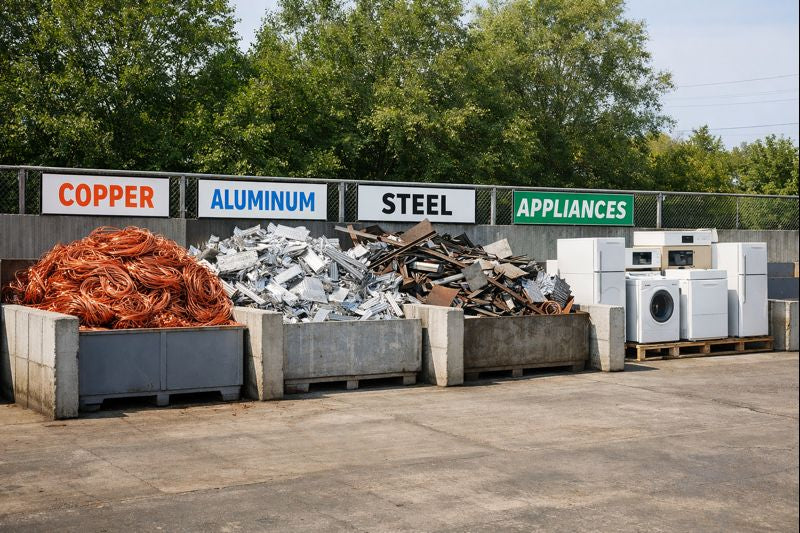 Sorted scrap metal including copper aluminum and steel ready for recycling at a metal recycling facility
