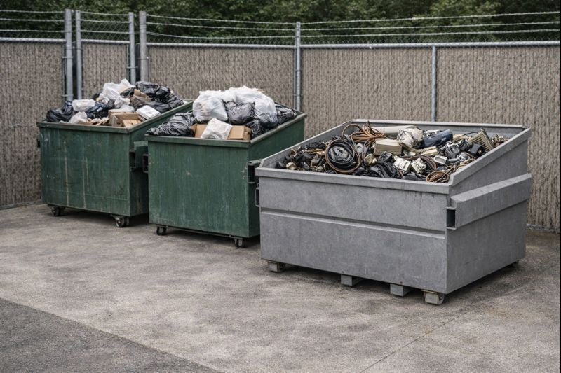 Metal recycling container at an apartment complex helping reduce dumpster costs