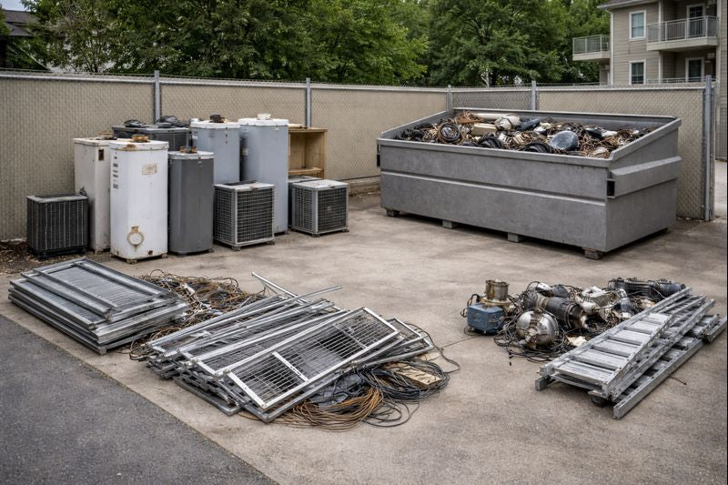 Bulk metal items staged for recycling at a multi-family property