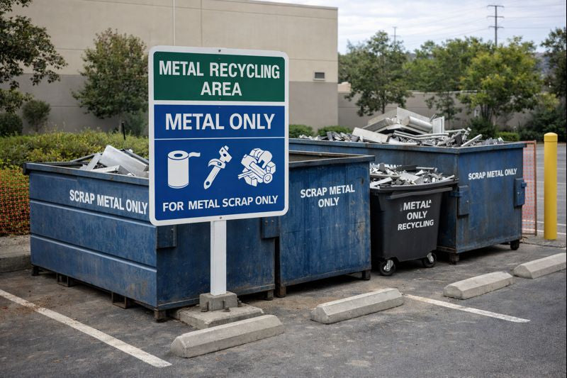 On-site metal recycling area with clear signage for proper disposal