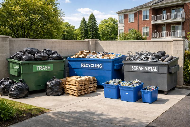indiana-property-waste-removal-savings.jpg  Image prompt Indiana apartment or commercial property with organized waste and metal recycling area realistic photo
