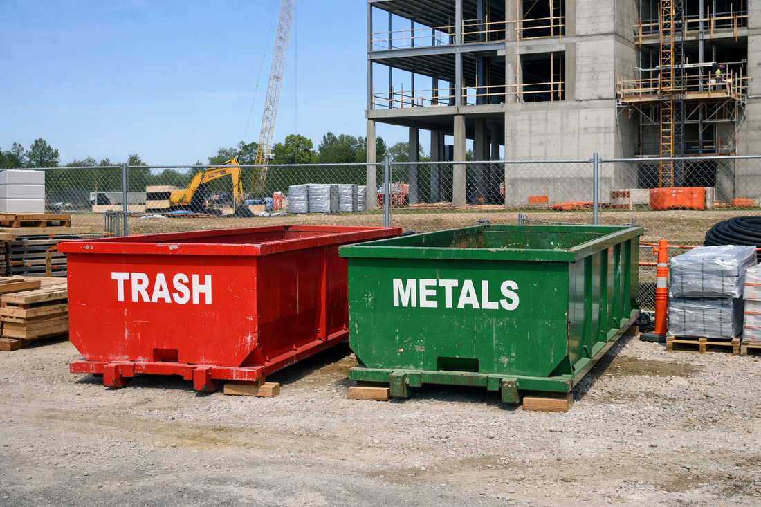 Indiana construction site with red trash and green metals roll off dumpsters replacing haul away services