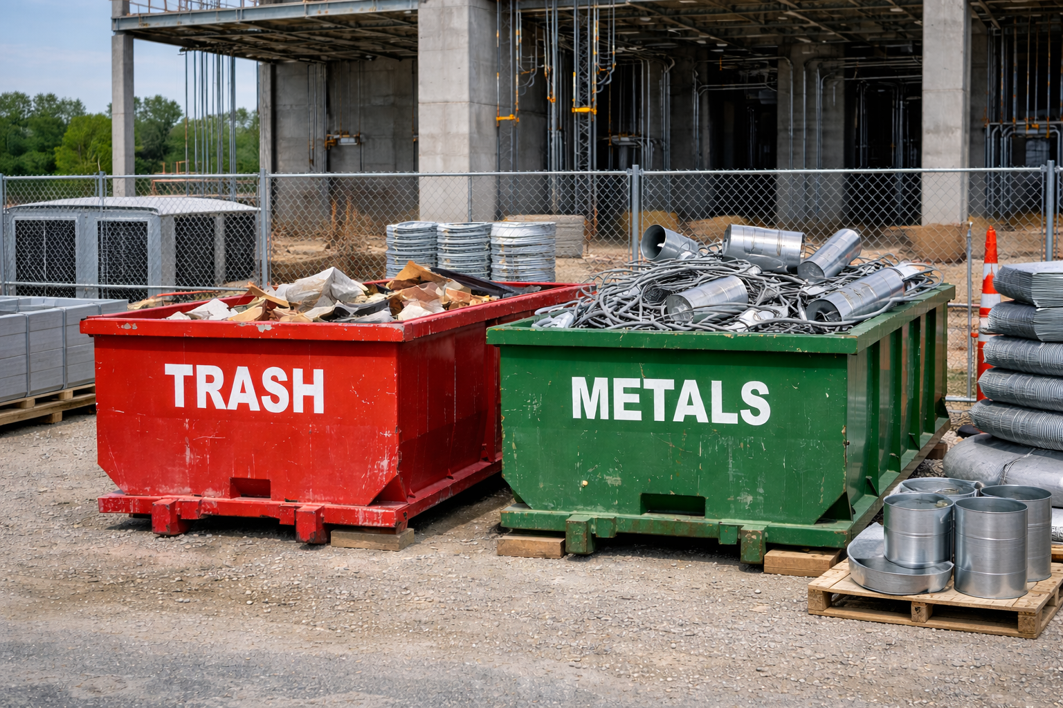 Commercial construction site with red trash and green metals roll off dumpsters inside fenced area