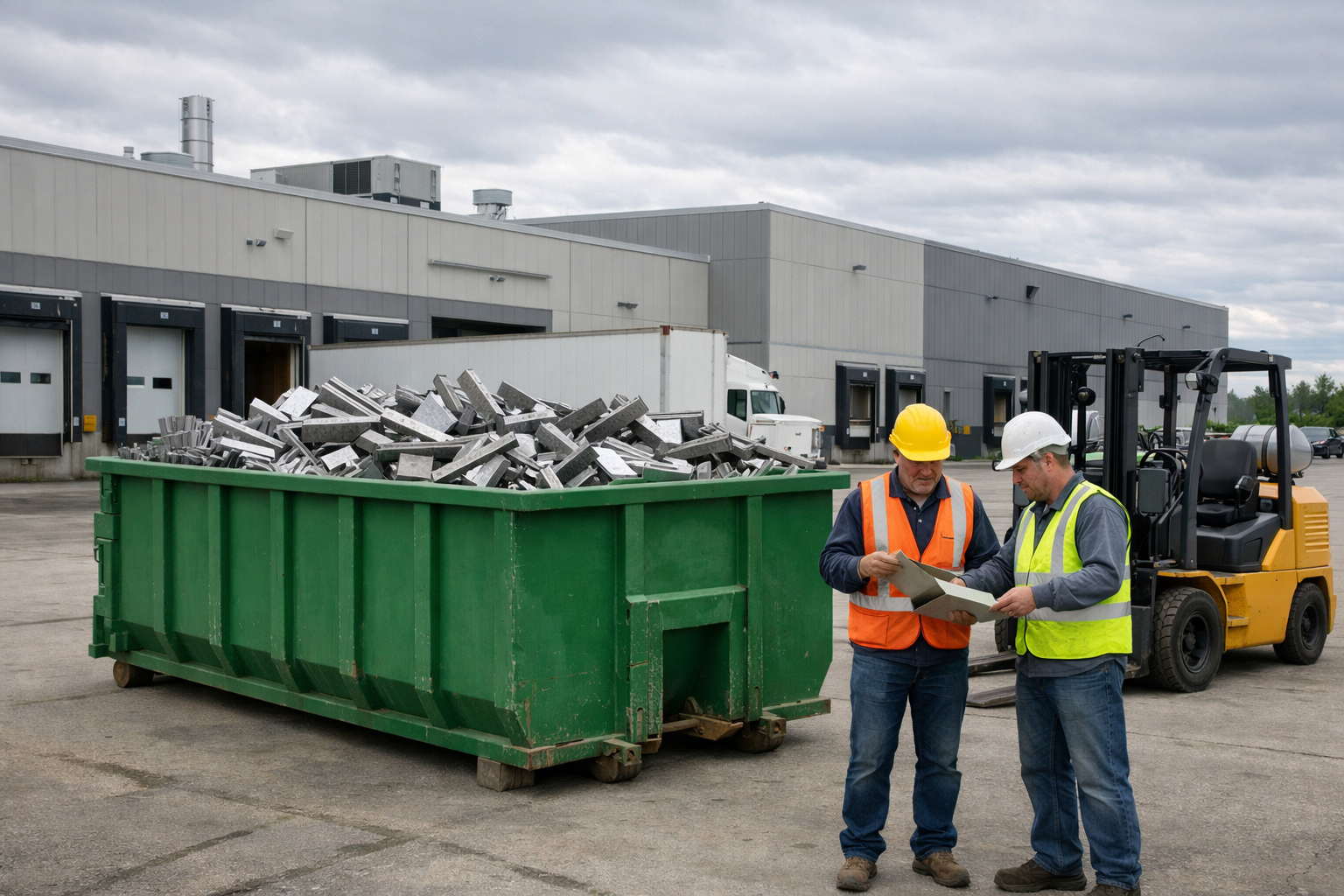 Green scrap metal roll-off dumpster outside Indianapolis manufacturing plant with forklift and steel scrap materials