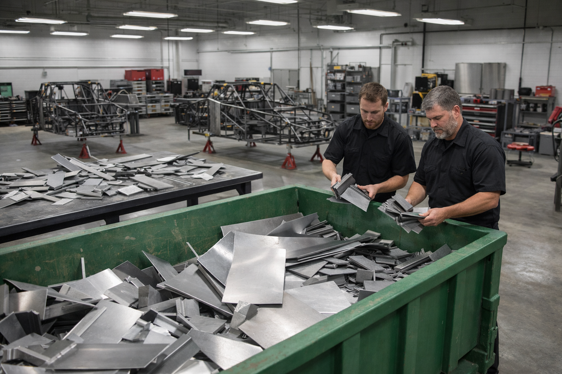 Indianapolis race team fabrication shop with green scrap metal dumpster filled with aluminum and steel parts