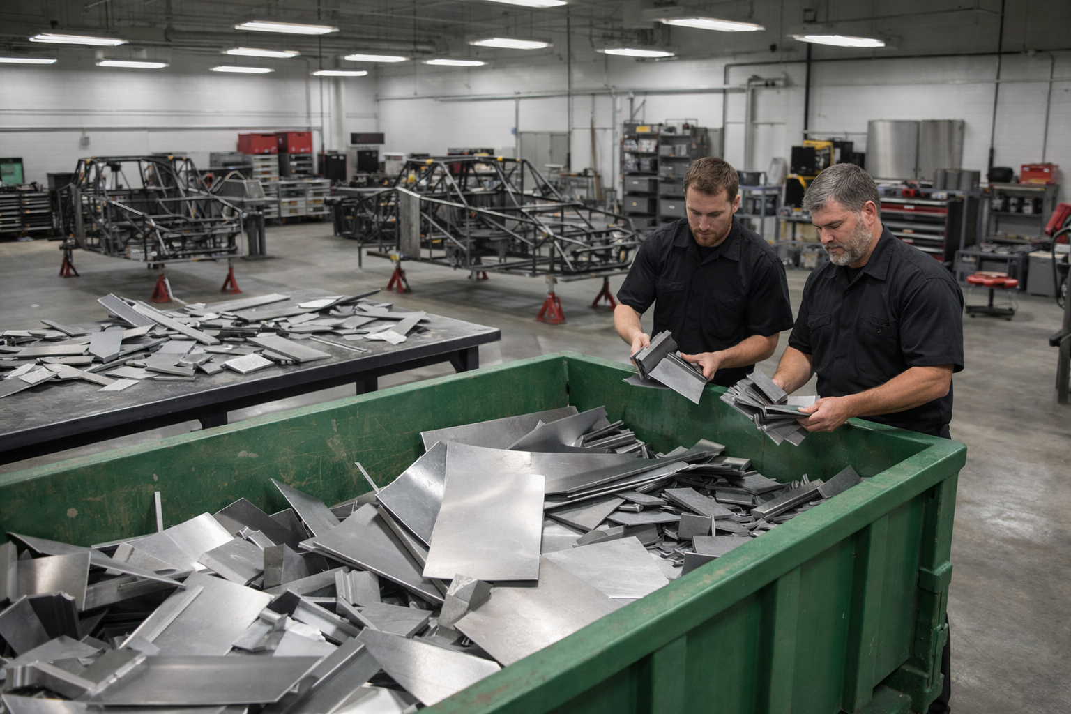 Indianapolis race team fabrication shop with green scrap metal dumpster filled with aluminum and steel parts