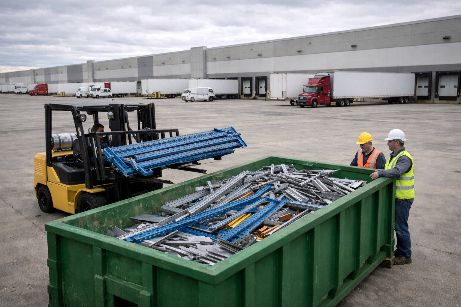 Plainfield Indiana distribution center with green scrap metal dumpster filled with metal racking and warehouse equipment