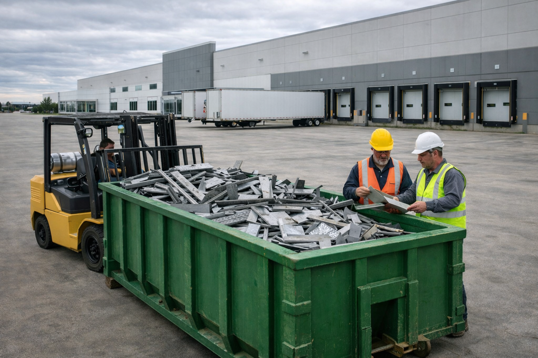 Carmel Indiana industrial facility with green scrap metal dumpster filled with steel and aluminum scrap