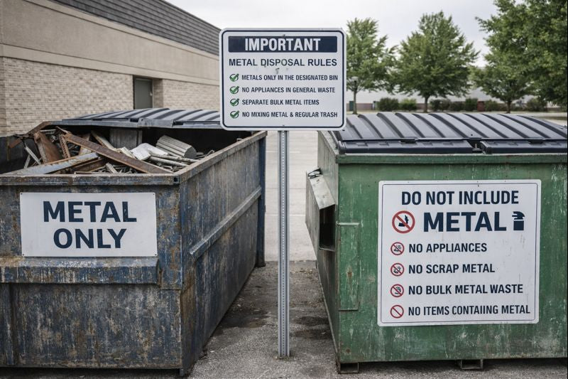 Metal waste compliance signage at a managed property