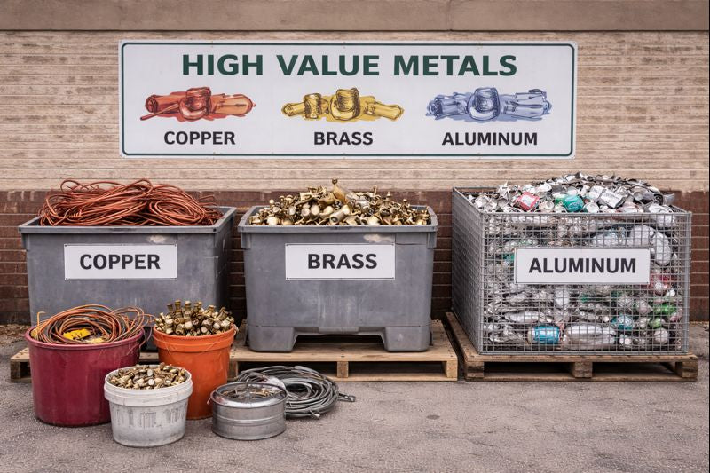 Sorted scrap metal at a commercial property prepared for recycling