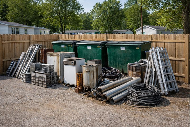 Bulk metal items near dumpsters at an Indiana mobile home community increasing trash weight and disposal costs