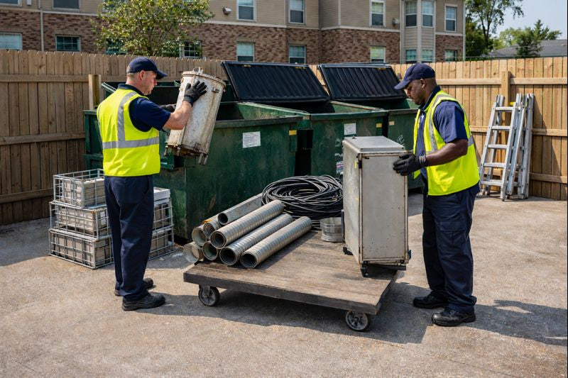 Senior living facility dumpster area in Indiana where heavy items increase waste disposal costs