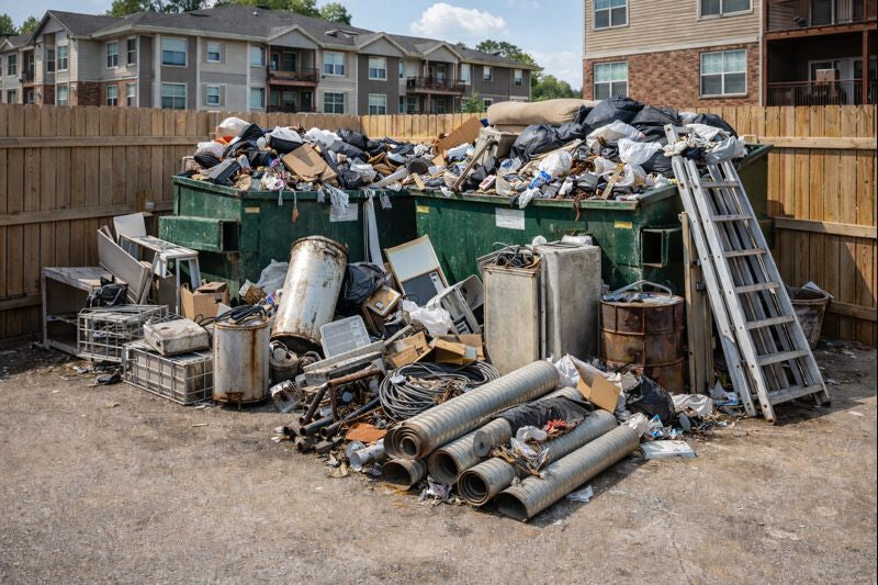 Overflowing dumpster at an Indiana apartment community caused by heavy materials reducing capacity
