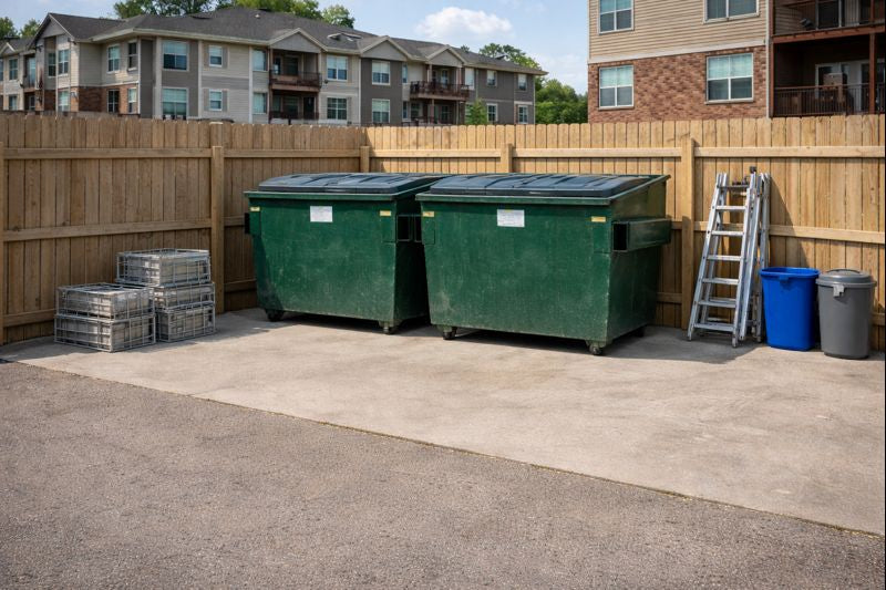 Overflowing dumpster at an Indiana apartment community caused by heavy materials reducing capacity