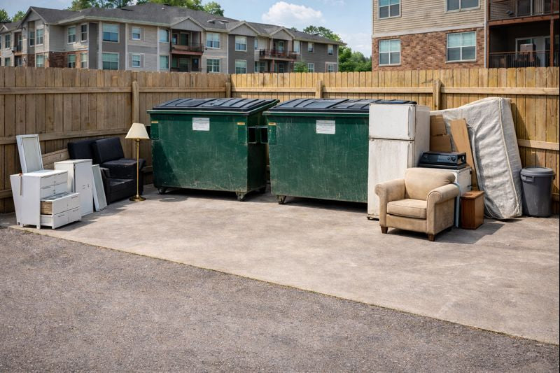 Indiana apartment dumpster area during unit turns with bulk items increasing trash weight