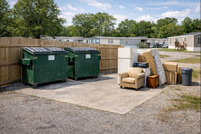 Dumpster area at an Indiana mobile home park with bulk materials staged separately
