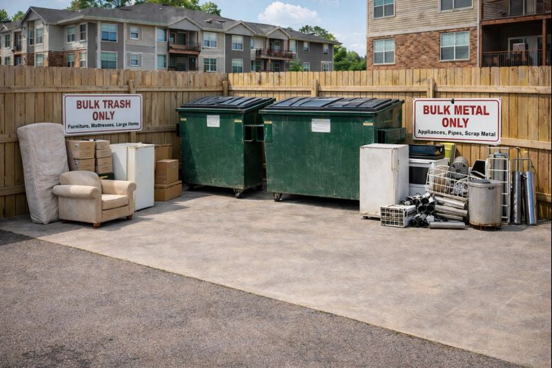 Clean dumpster enclosure at an Indiana community showing controlled waste practices