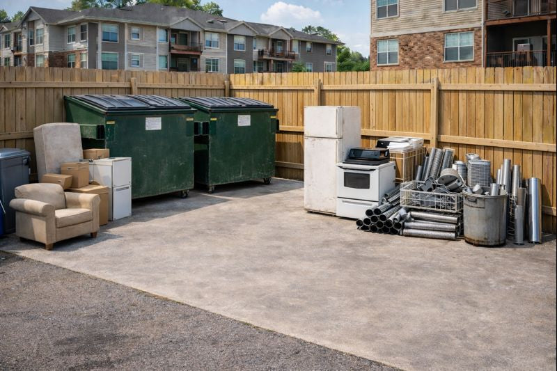 Bulk metal items separated from trash at an Indiana apartment maintenance area