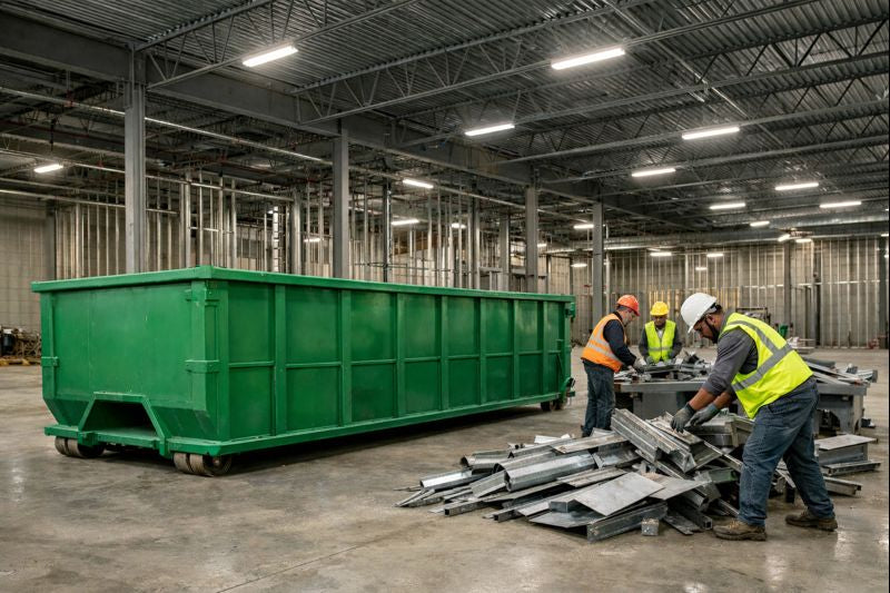 Indiana commercial construction site with dumpsters and staged metal scrap increasing haul weight