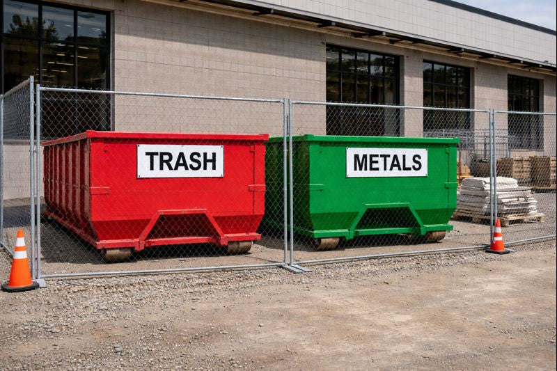 Commercial construction site with red trash and green metals roll off dumpsters inside fenced staging area