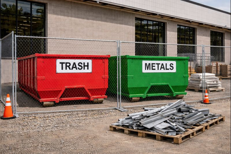 Indiana commercial renovation site with red trash and green metals roll off dumpsters inside fenced area