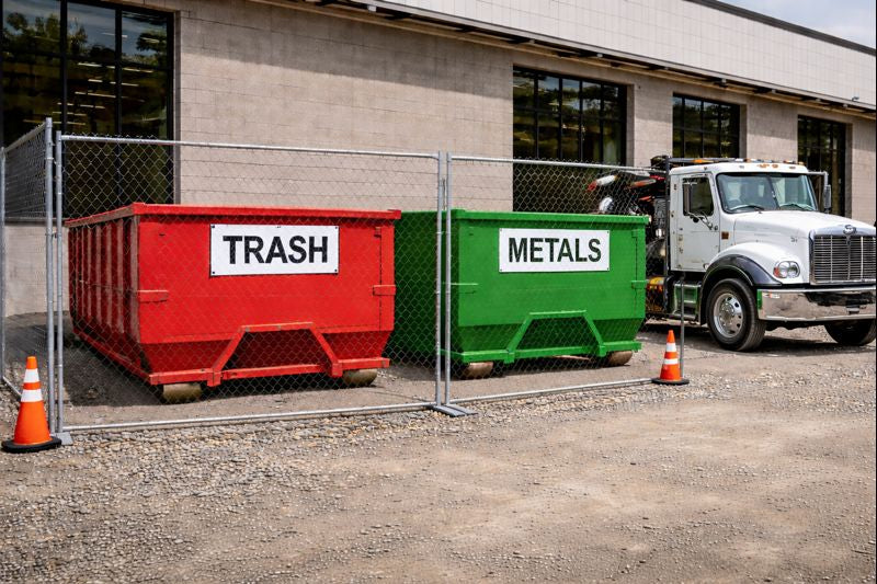 Commercial job site with labeled trash and metals roll off dumpsters being serviced