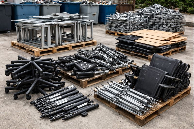 Office furniture metal components separated for recycling