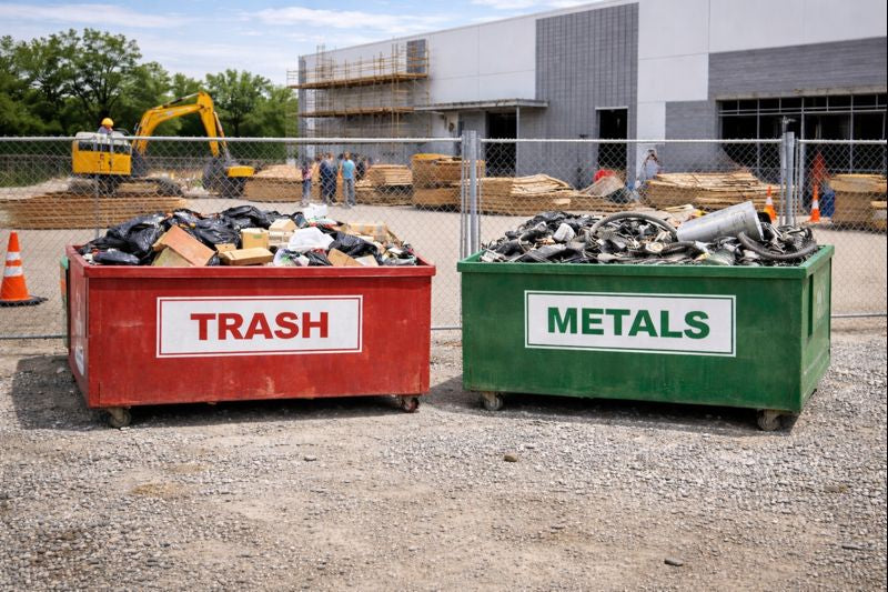 Commercial construction site with labeled trash and metals roll off dumpsters reducing jobsite delays