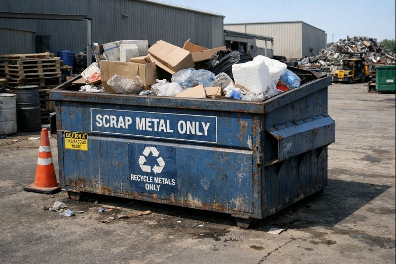 Non-metal items contaminating a metal recycling dumpster at a commercial property