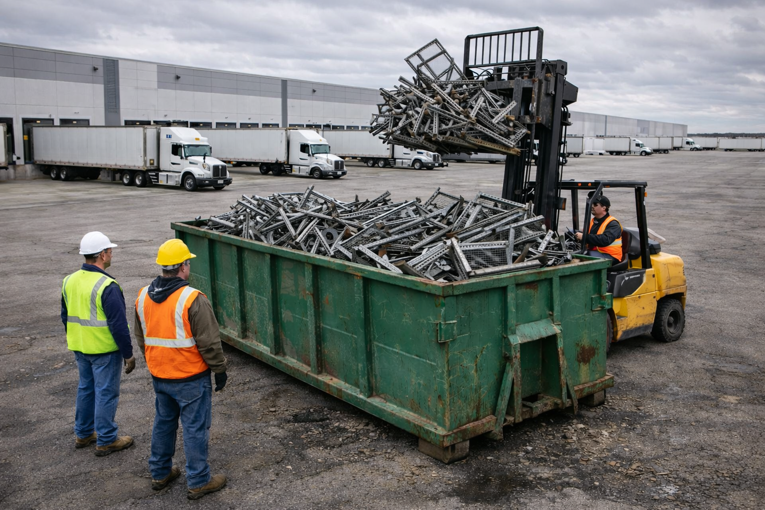 Plainfield Indiana distribution center with green scrap metal dumpster filled with steel pallet racks