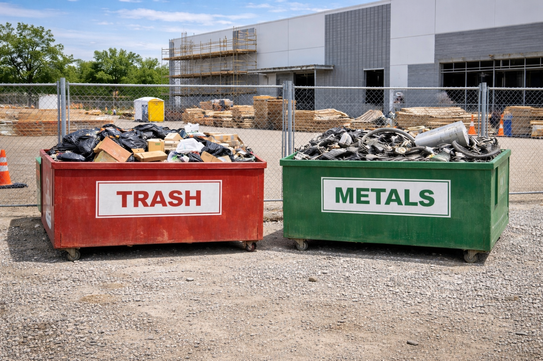 Indiana commercial construction site with red trash and green metals roll off dumpsters inside fenced area