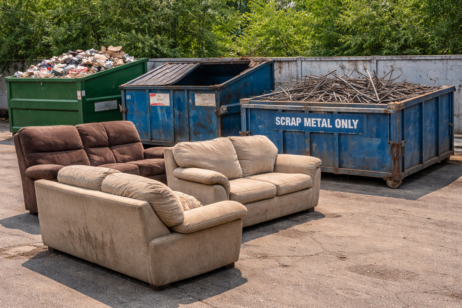 Couches and recliners shown as non-recyclable items next to metal recycling containers in Indiana