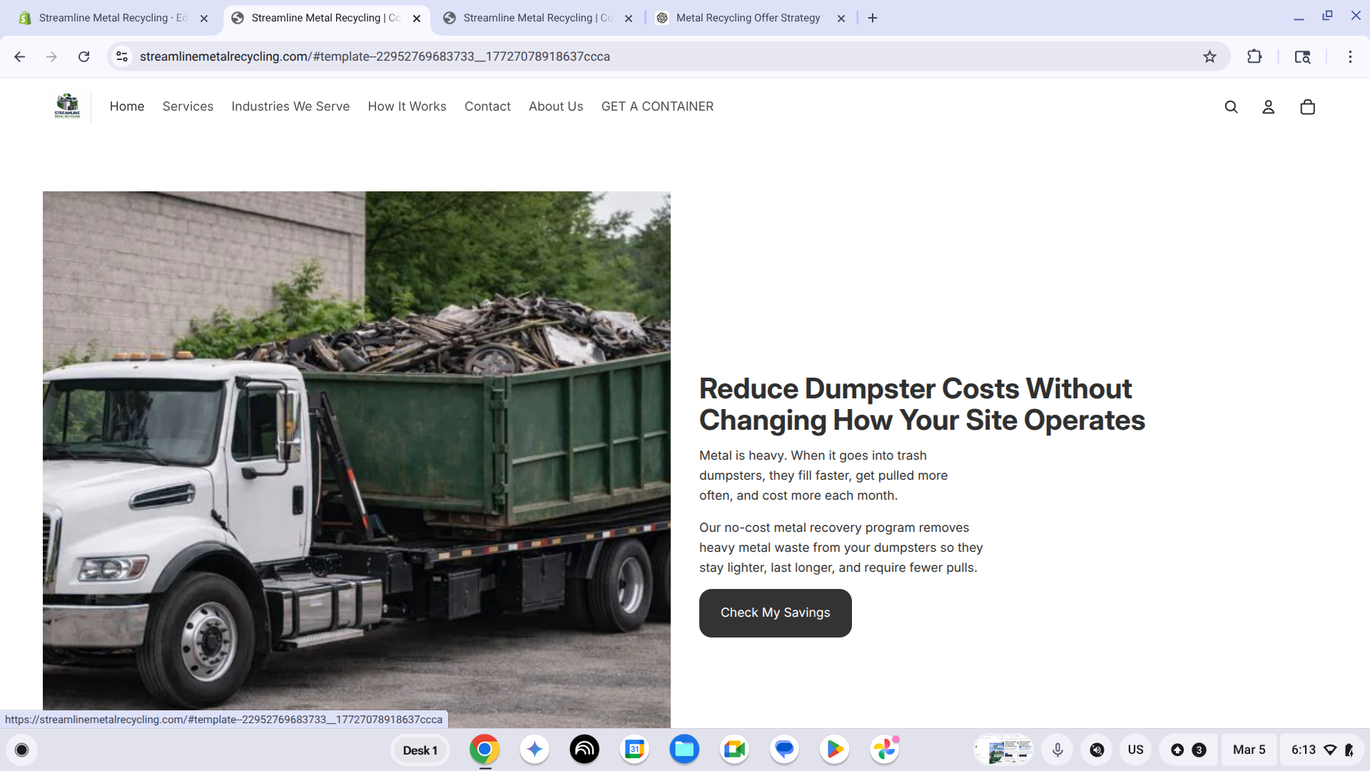 Greenwood Indiana warehouse with green scrap metal dumpster filled with damaged steel racking