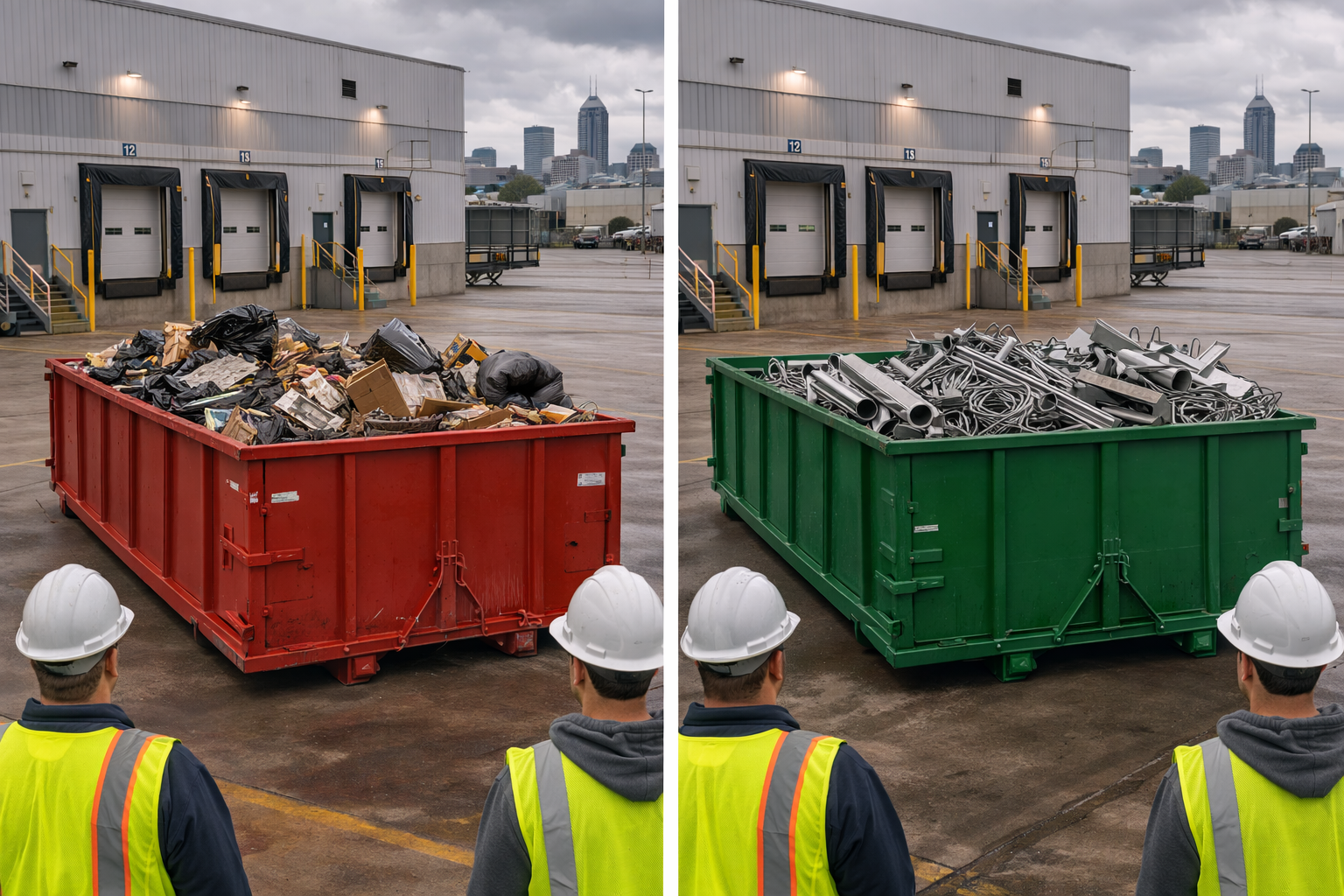 metal recycling roll off dumpster setup at Indianapolis industrial facility