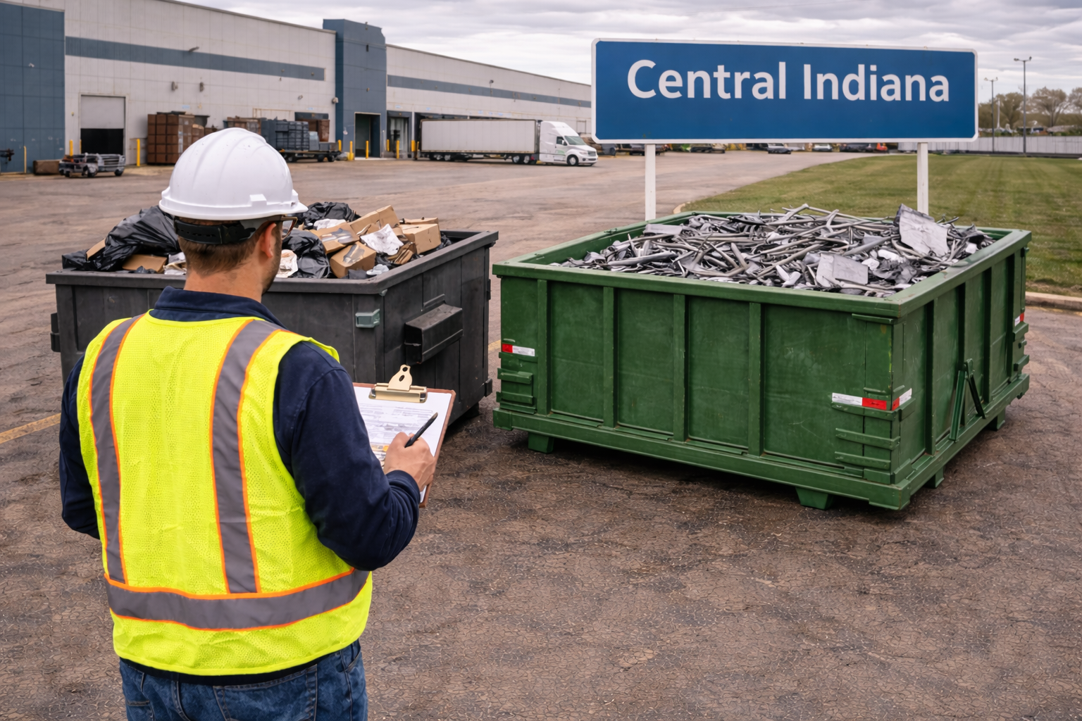 Indianapolis Indiana warehouse with visible Indianapolis sign and supervisor reviewing cost differences between trash and metal recycling dumpster