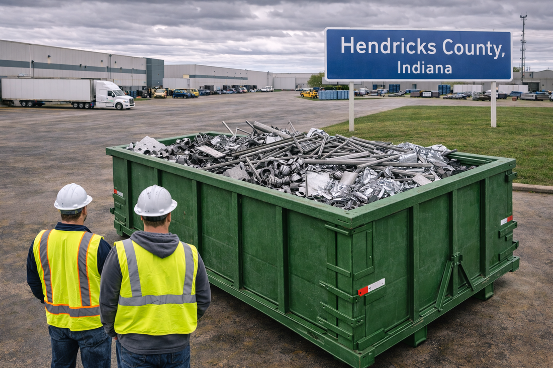 Hendricks County Indiana industrial facilities with visible Hendricks County sign and metal recycling roll off dumpster serving Plainfield Brownsburg Avon and Danville businesses