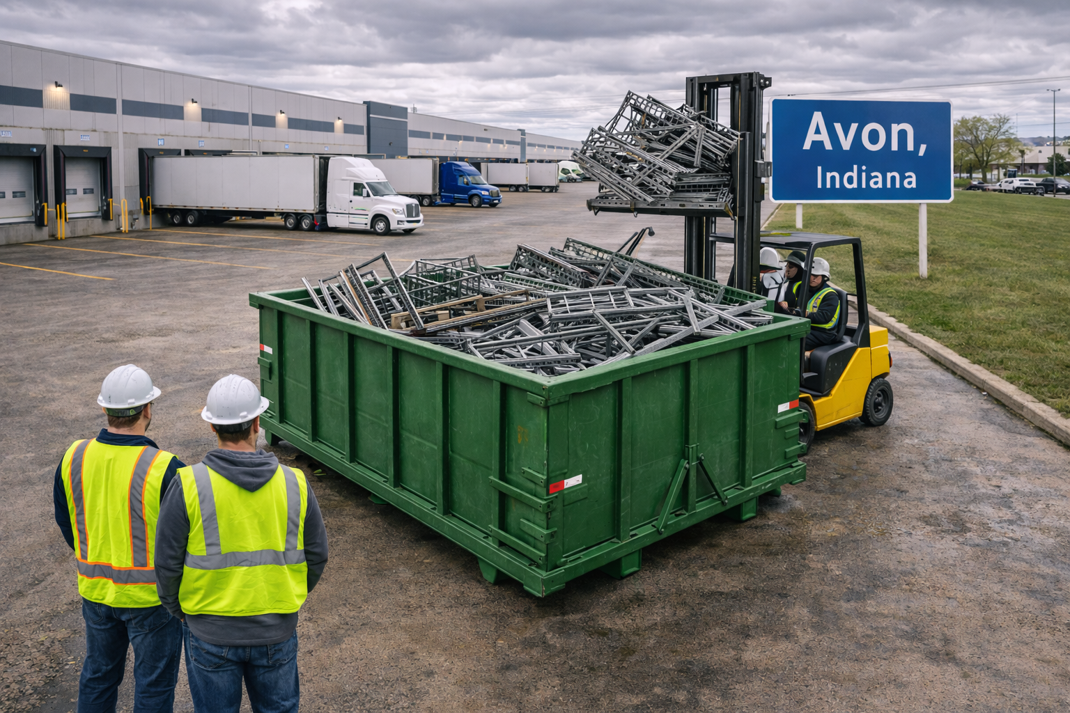 Avon Indiana warehouse with visible Avon Indiana sign and green metal recycling roll off dumpster filled with steel shelving serving Hendricks County logistics facilities