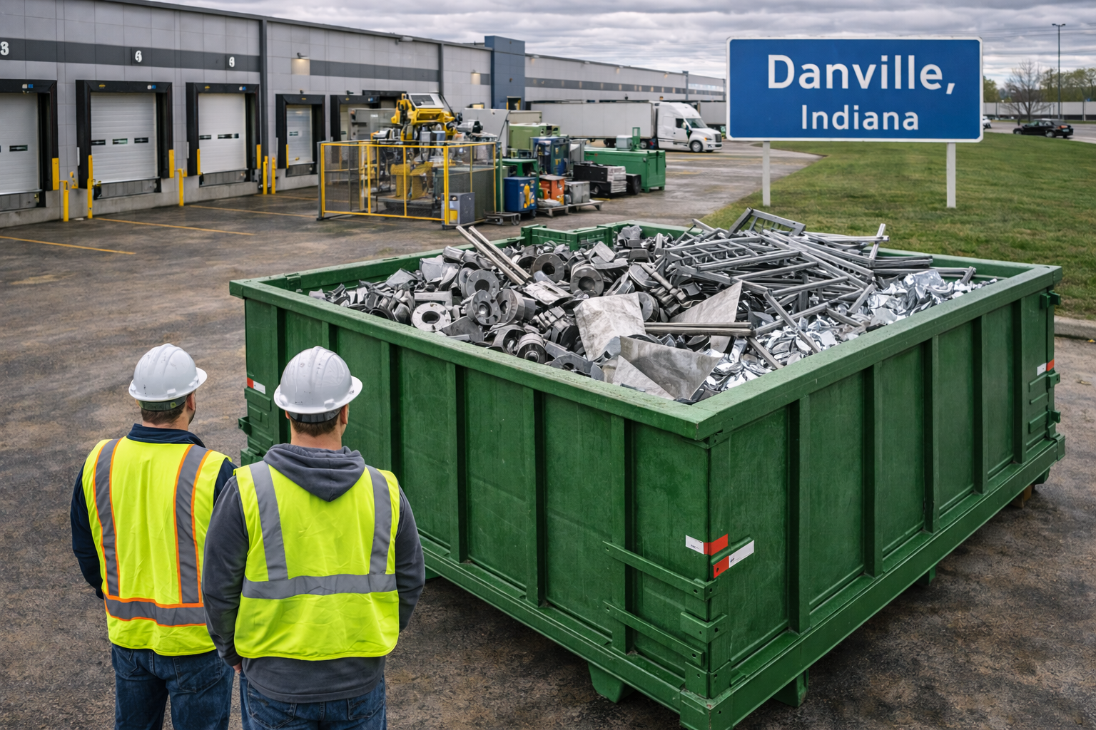 Danville Indiana manufacturing plant with visible Danville Indiana sign and metal recycling roll off dumpster filled with steel machine parts serving Hendricks County industry