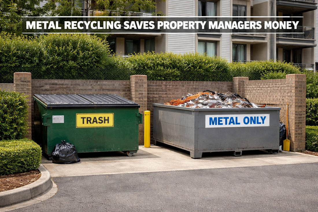 Metal items improperly placed in a trash dumpster compared to a separate metal recycling container