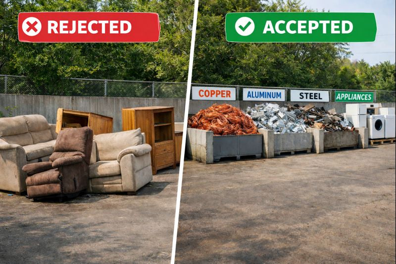 Rejected metal items mixed with furniture compared to clean accepted scrap metal at a recycling facility
