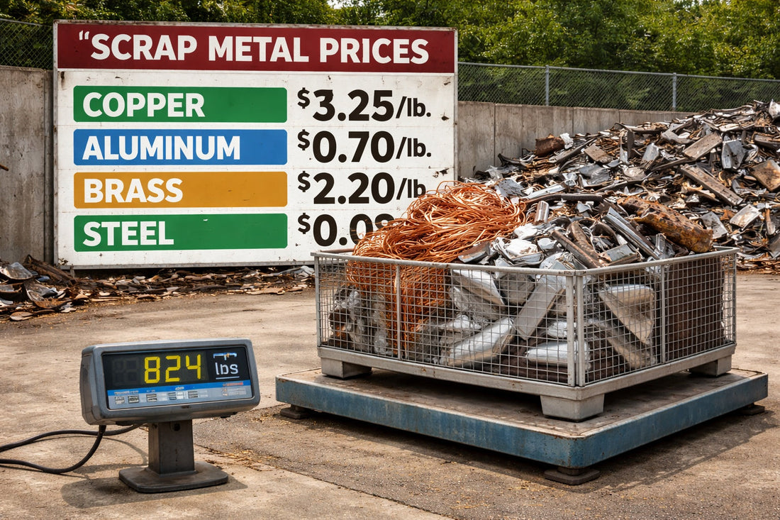 Scrap metal being weighed on a scale with pricing information at a recycling facility